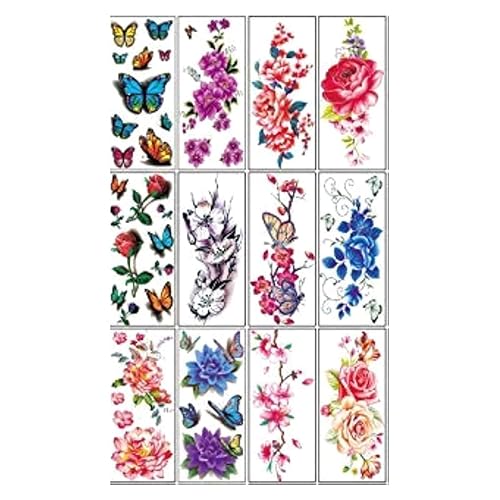 Tatuajes temporales de flores para mujeres y adultos, tatuaje de rosa de mariposa 3D, calcomanías de tatuaje falsas, impermeables, arte corporal,
