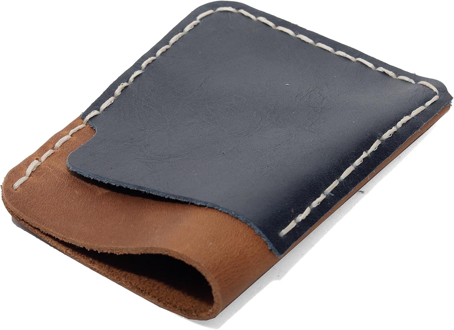 Slim Leather Card Holder Wallet, Minimalist Front Pocket Design, Navy Blue and Brown - Image 2