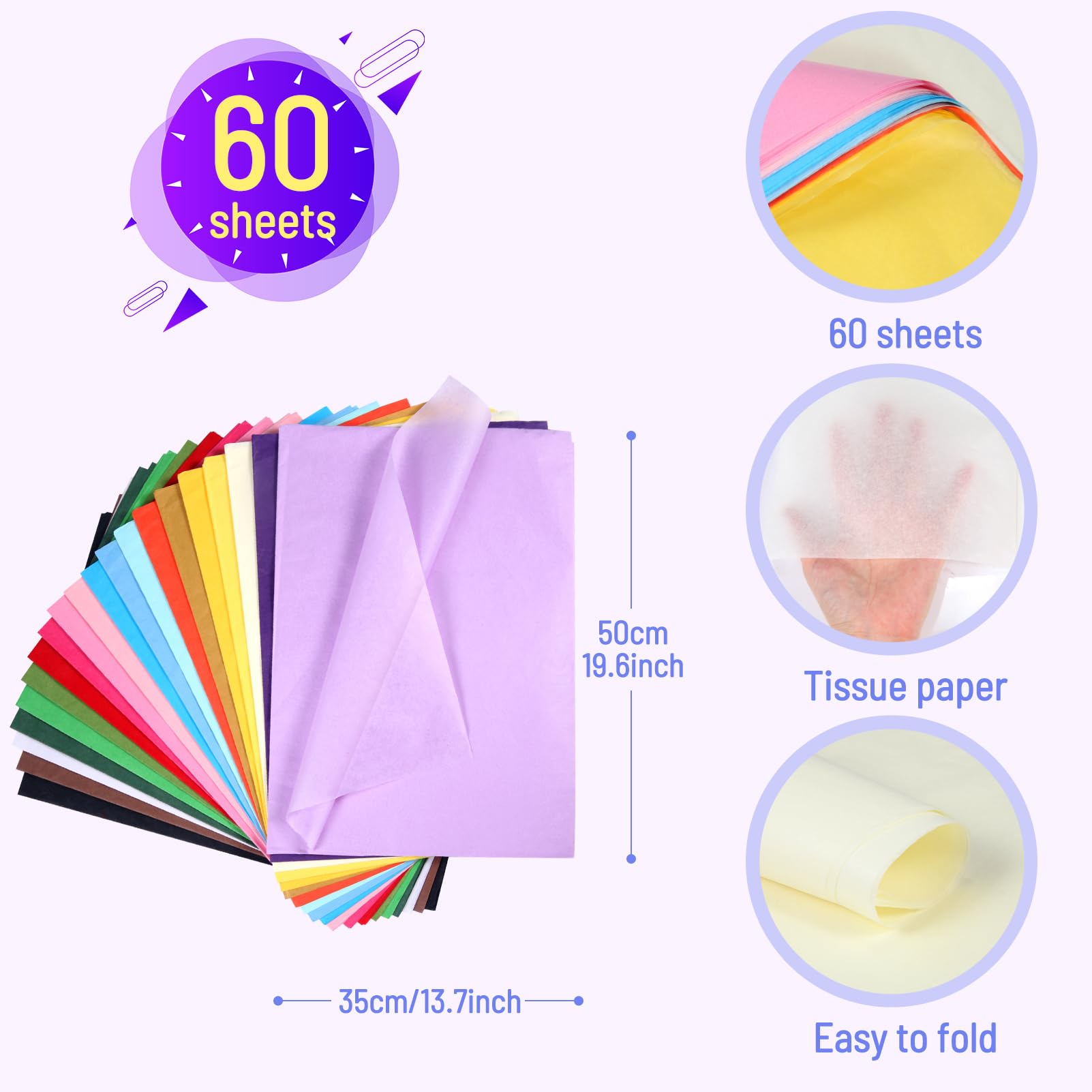 ihaspoko 60 Hojas de Papel de Seda Colorido, 50×35 cm Papel de Envolver para Manualidades y Envoltura de Regalos Decorativa.