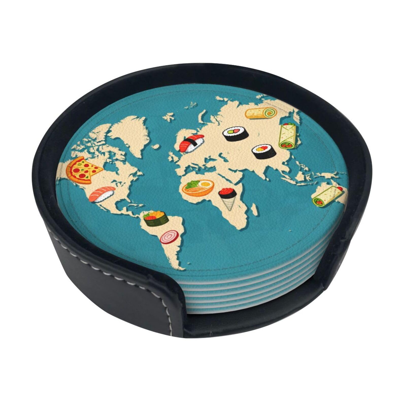 Cntdbu White Food Map Leather Coasters Set Of 6-Pu Leather Drink Mats For Table, Heat Resistant Round Coasters With Holder
