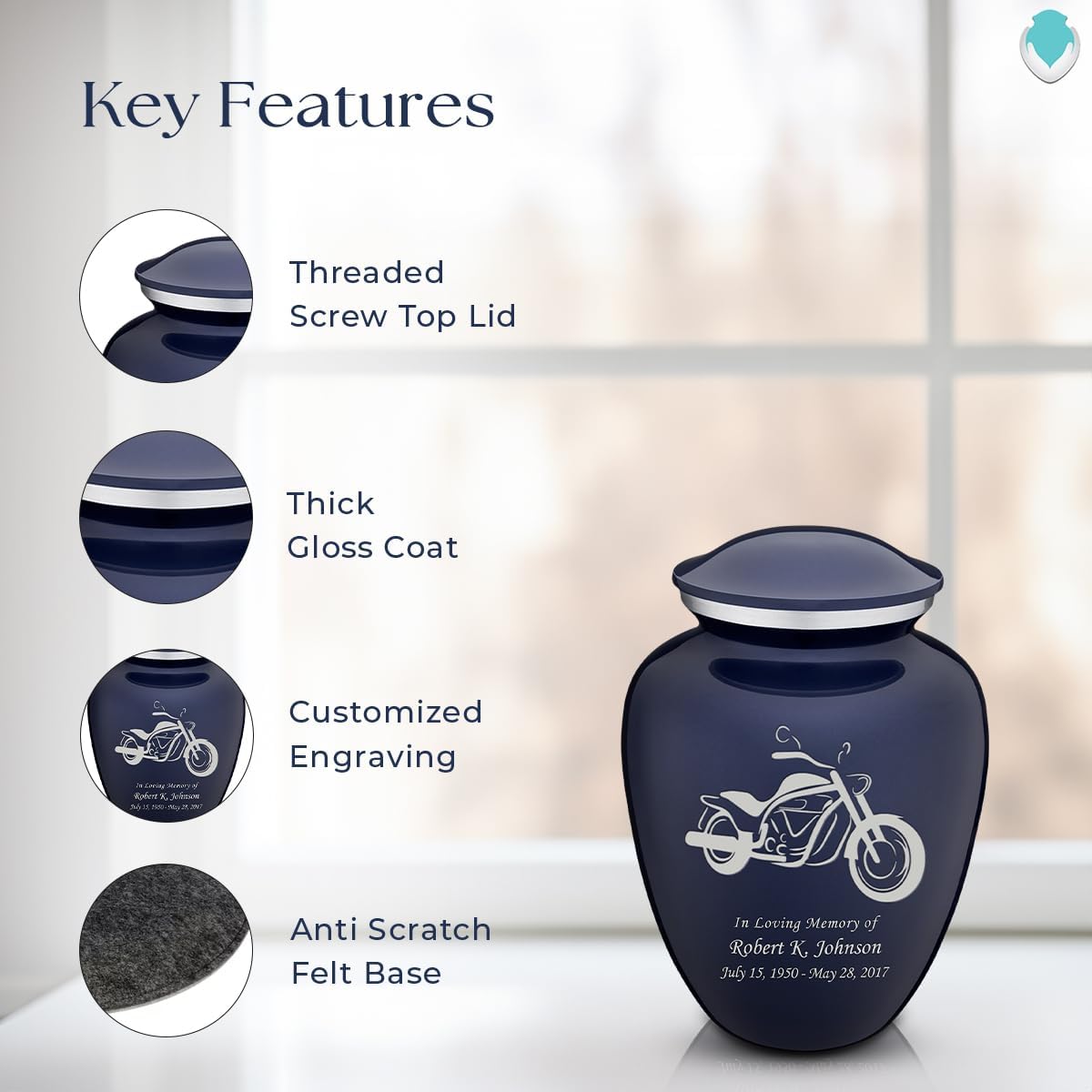 Geturns - Small Personalized Motorbike Cremation Urns for Human Ashes I Cobalt Blue Funeral Urn for Men and Women I Holds up to 44 Cubic Inches