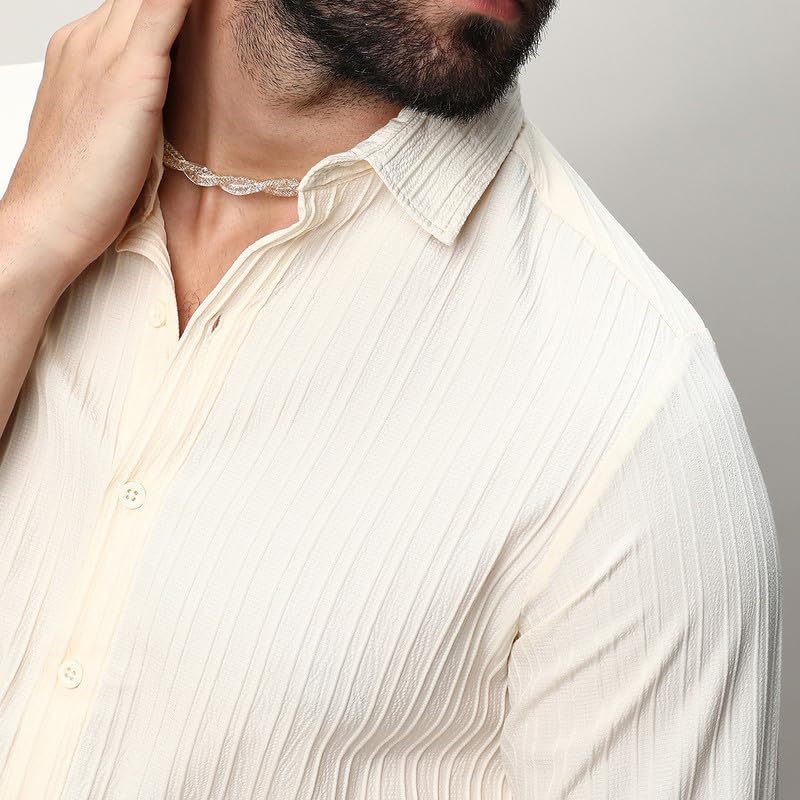 Image of CAHOOT Men's Self-Design Striped Shirt for Casual Wear | Spread Collar | Long Sleeve | Button Closure | Shirt Crafted with Comfort Fit for Everyday Wear