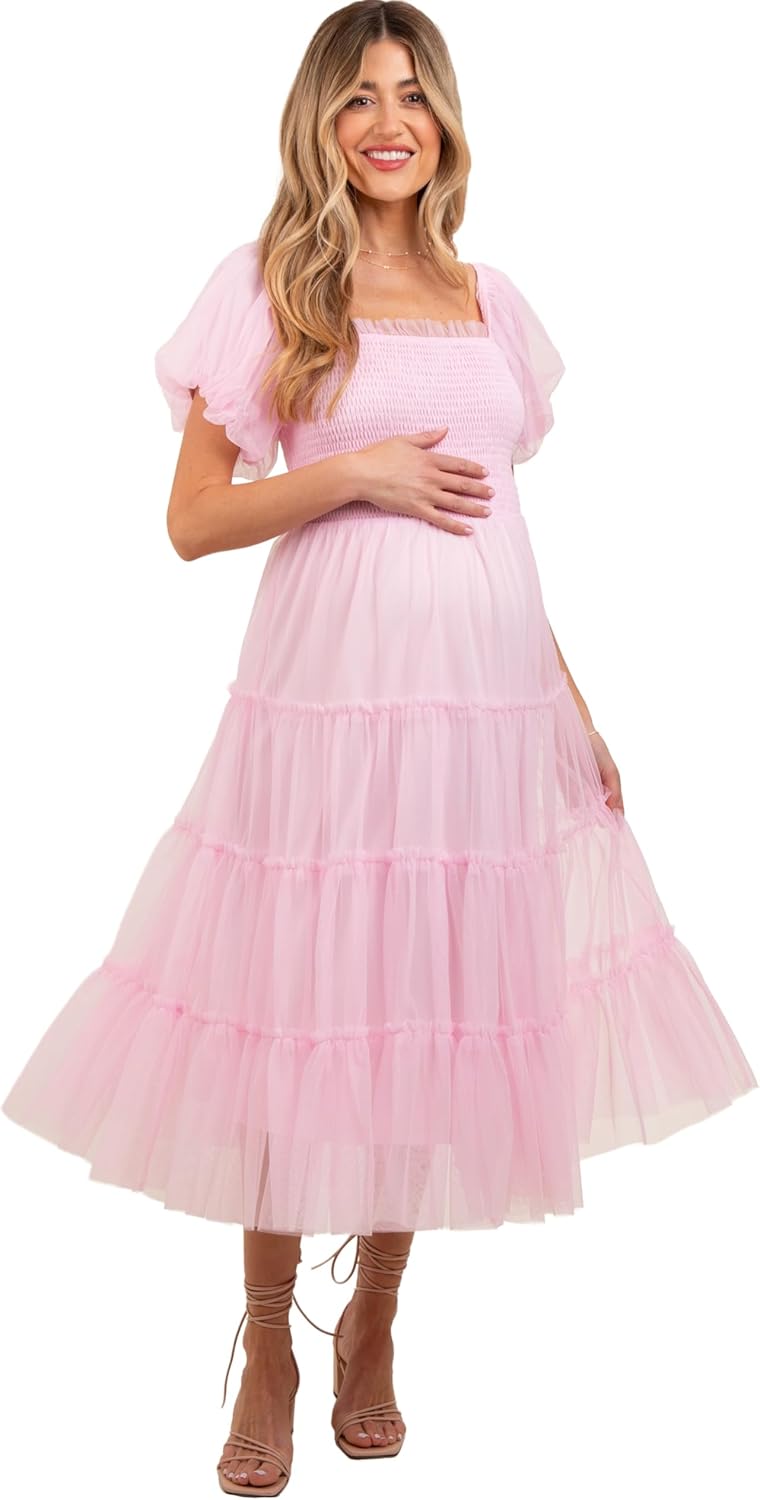 PinkBlush Light Smocked Tiered Tulle Maternity Midi Dress