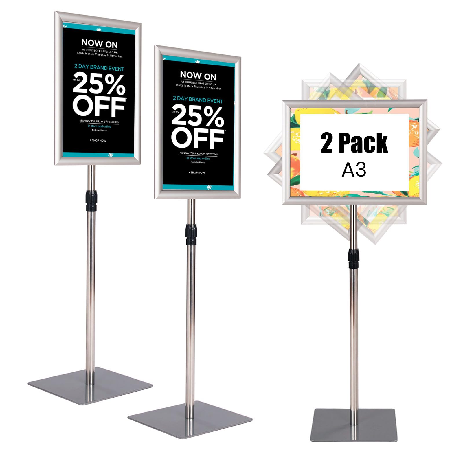 COSTWAY Porte Affiche sur Pied A3 Lot de 2, Présentoir sur Pied Rotation 360 Degrés, Hauteur Réglable 78,5-123 cm, Cadre en Alliage d'Alu, Tube en Acier INOX, Support Affichage A3 (Argent x 2, A3)