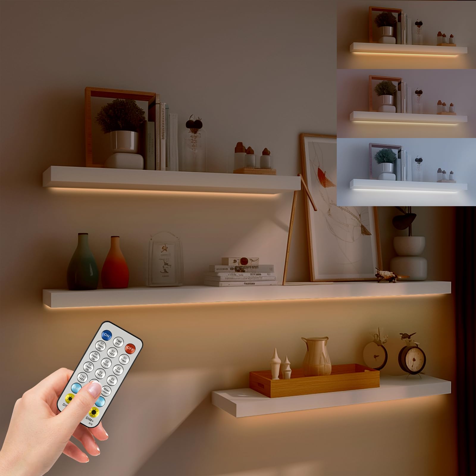 StarryEverLED Strip Battery, 1 m Wireless Under Cabinet Lighting with Remote Control, 4 Pack Self-Adhesive Light Strips, Dimmable, 3 Colours and 12 Modes for Shelves, Drawers, Wardrobes, Hallways