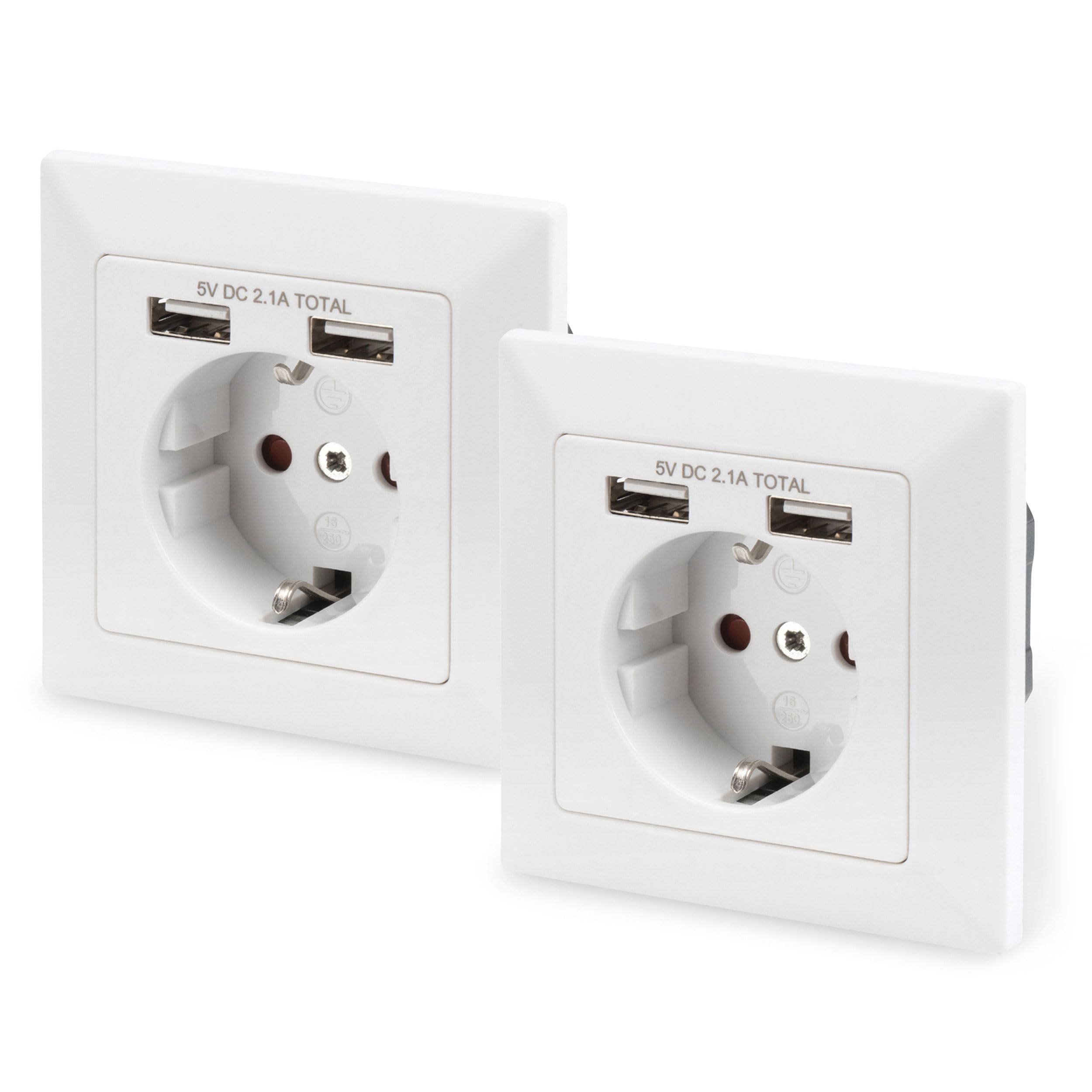 DIGITUS DA-70613 - Inbouwcontactdoos met USB-A lader - 2 stuks - 2 USB- aansluitingen - 5V / 2.1 A totaal - 250 V 50 Hz - Inbouwdiepte 32 mm - Voorwaardelijk designgeschikt - Zuiver wit RAL 9003