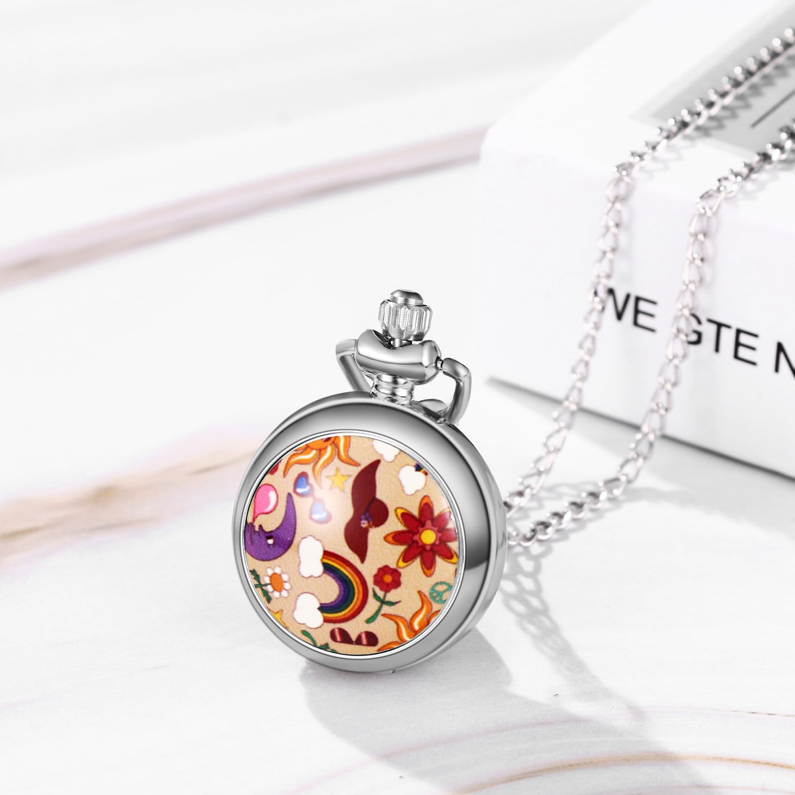 JewelryWe Reloj Bolsillo Moda Mujer: Reloj de Bolsillo de Cuarzo Analógico Girasol Arco Iris Decoración Patrón Cadena Jumper Esfera de Números Arabes - para Uso Diario Colección Regalo