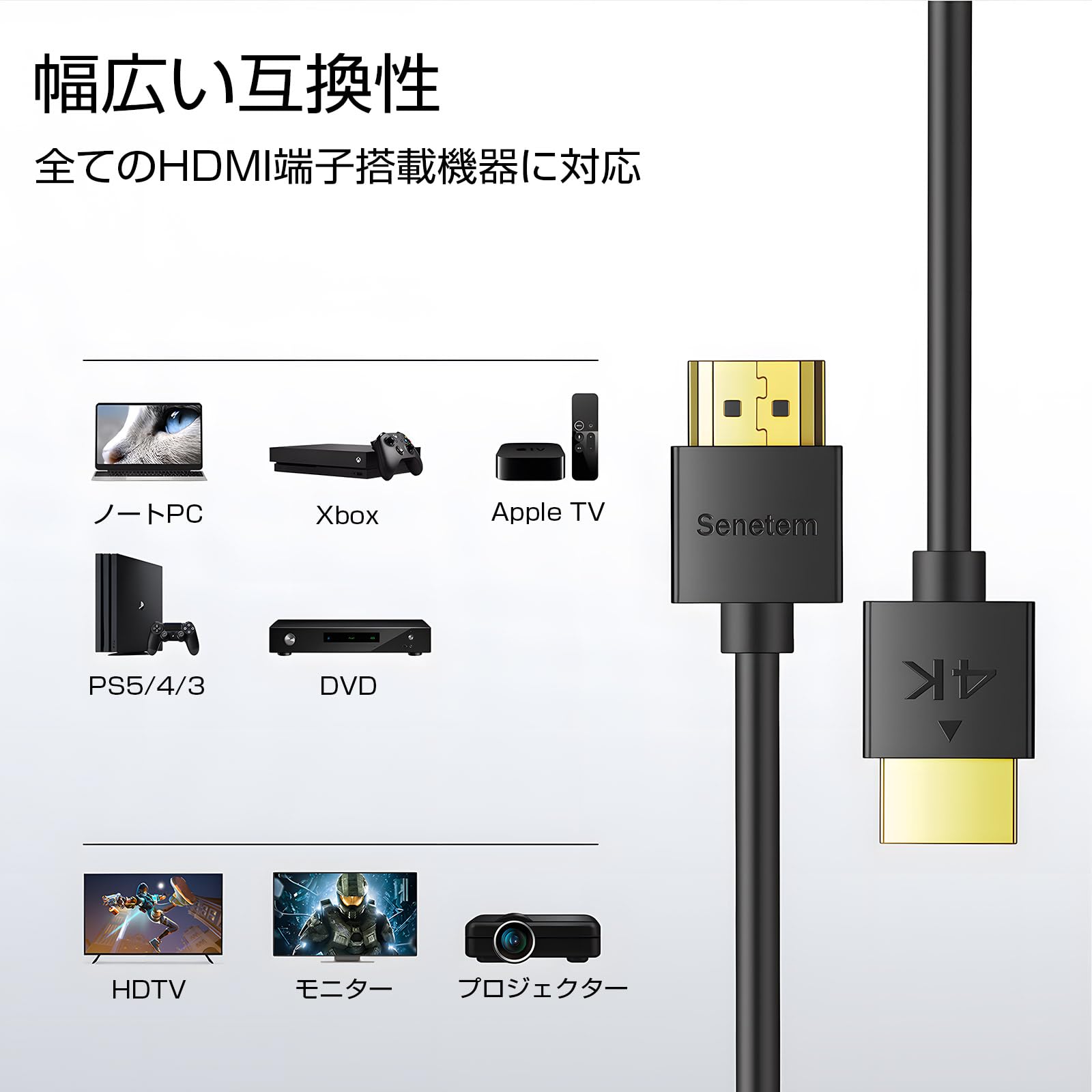 Senetem Cavo HDMI sottile da 1 m, ad alta velocità (4K a 60 Hz, 18 Gbps), cavo HDMI 2.0, connettori sottili a basso profilo placcati oro, 2K, HDR, ARC, 3D, per monitor da gioco, TV, X-Box, PS5/4/3