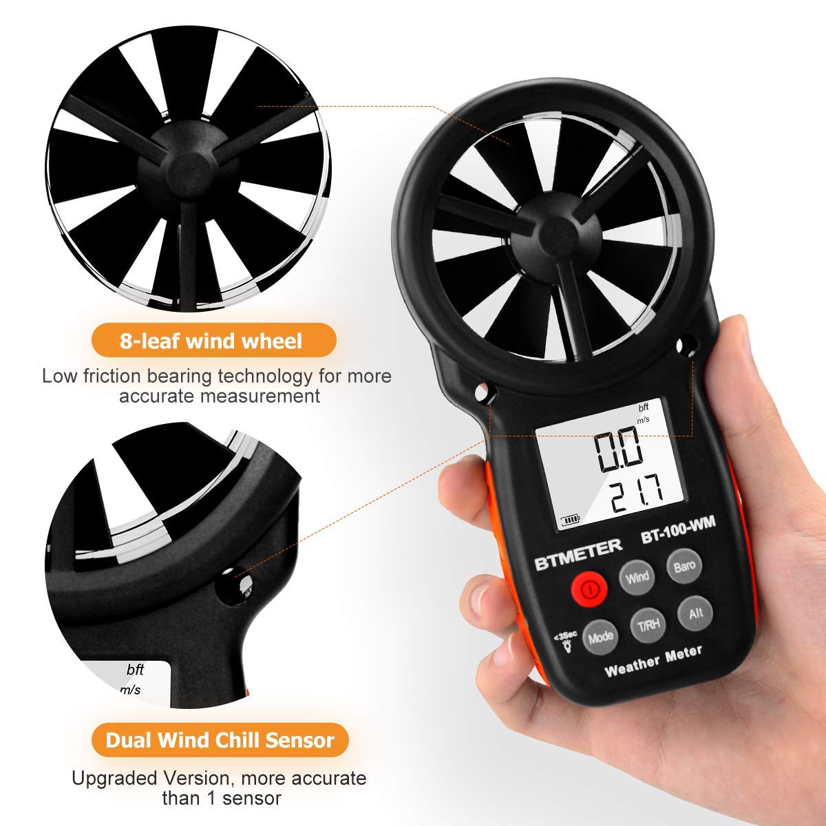 Anémomètre numérique CFM de poche pour vitesse du vent température humidité relative altitude pression barométrique drone