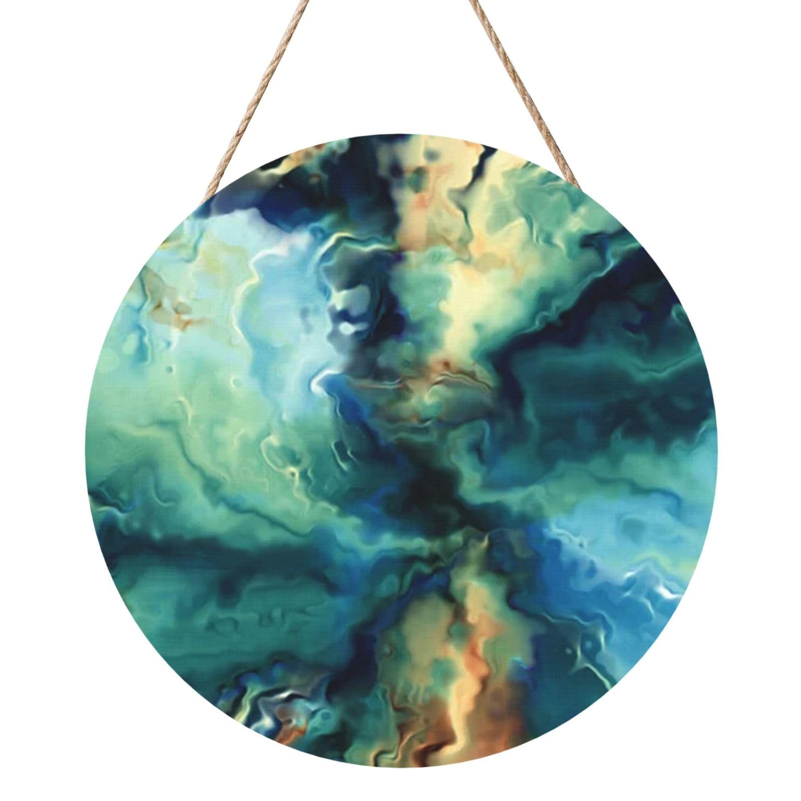 InOmak Abstract Marbled Ocean Navy Blue Teal Green, Round Wood Panel Painting 12 in, Wall Hanging Painting For Home