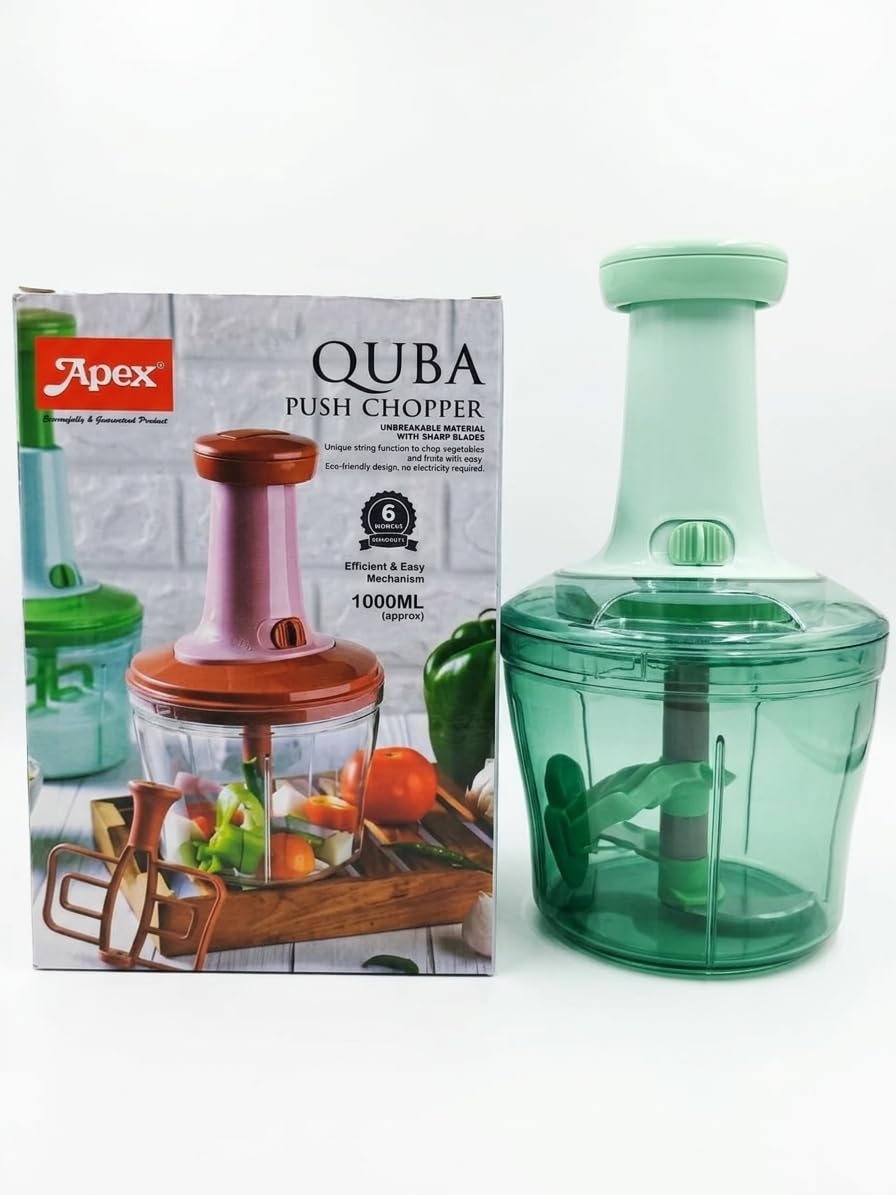 Apex Quba 1000ml Manual Push Vegetable Chopper with 6 Stainless Steel Blades, Hand Press Food Processor for Onion, Tomato, Garlic, Fruits & Vegetables, Kitchen Chopper for Salad & Meal Prep | Green-image-36