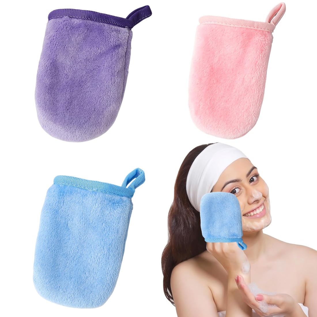 3 Pezzi Guanto Detergente Viso,Panno Struccante,Panno Struccante Riutilizzabile,Guanto Struccante per il Viso in Microfibra,Guanto Struccante in Tessuto Struccante,per Tutti I Tipi Di Pelle