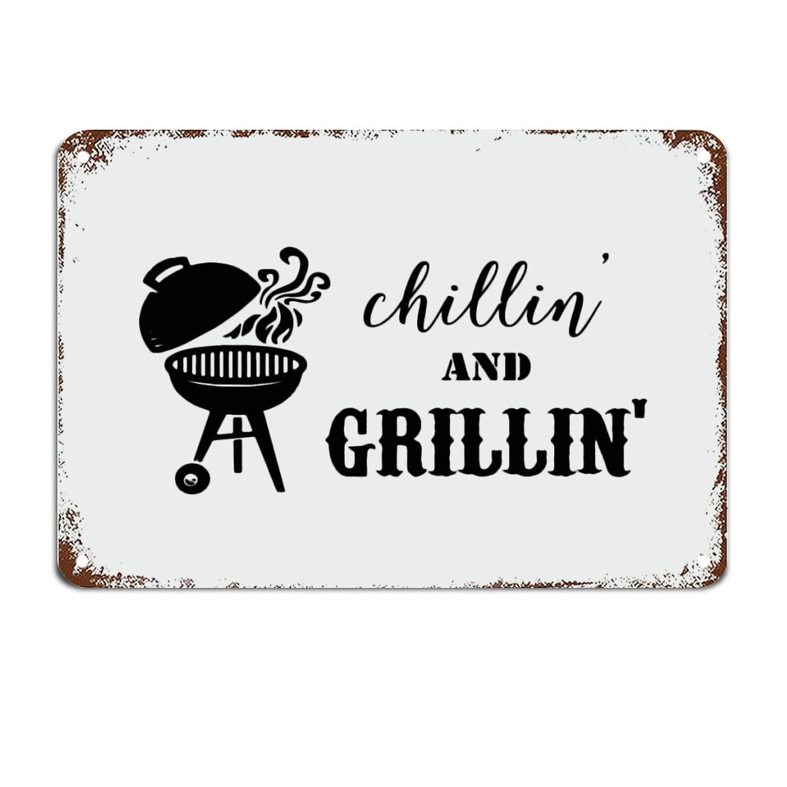 Vintage Chillin And Grillin Metal Tin Sign Motivational Wall Art Rustic Wall Decorations for Living Room Kitchen Framhouse Wall Hanger Retro Decoration Sign Housewarming Gift 8x12 inch