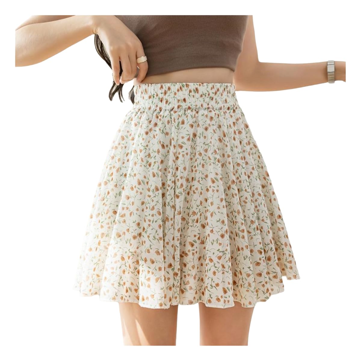 Damen Tennisrock Floral A-Linie Minirock Mit Shorts, Damenbekleidung, Slim Fit, Casual Chiffon Plissertennisrock-beige-l