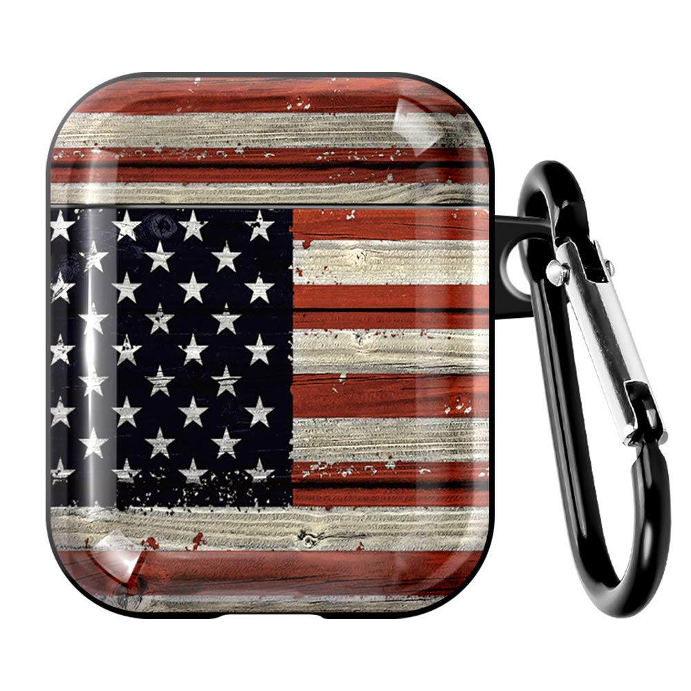 HangooRed Wood American Flag US Flag AirPods Case Cover,for Airpods 2 & 1 Silicone Protective Case Dust Guard Shockproof Cover Skin with Carabiner for Girls Women (Red Wood American Flag)
