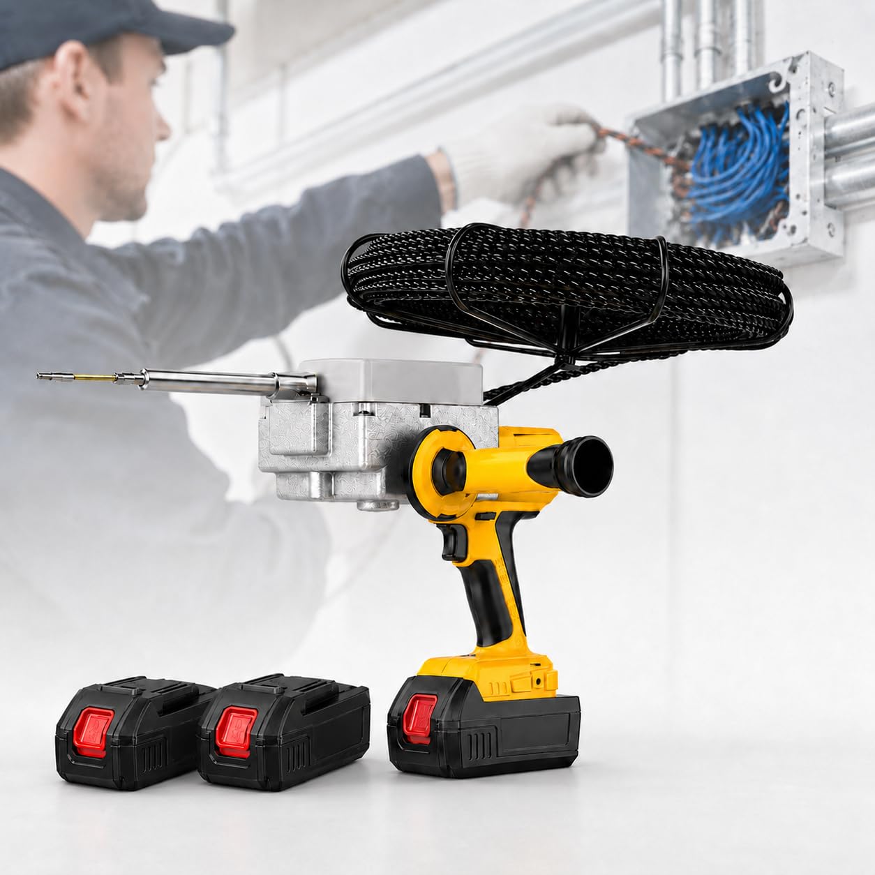Herramienta eléctrica para enhebrar cinta de pescado, extractor de cables inalámbrico con accionamiento de aleación de precisión de 4 ruedas y 1 o 2 baterías de alta capacidad de 25000 mAh