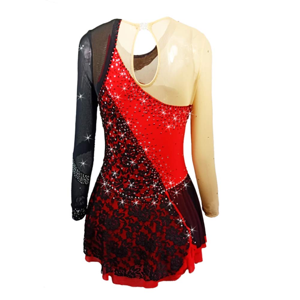 Ice Skating Dress Red Black Stitching Performance wear Teens Long Sleeves Figure Skating Dress for Competition