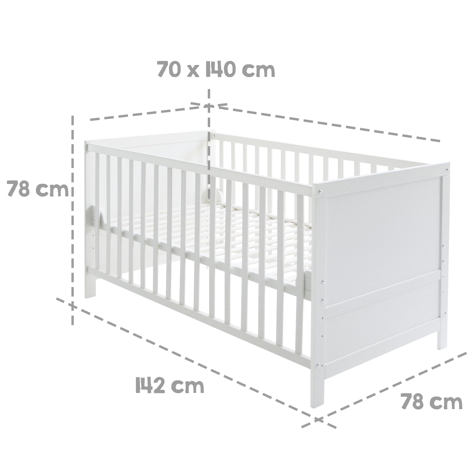 roba Kombi Kinderbett 70 x 140 - Gitterbett 3-fach höhenverstellbar - 3 Schlupfsprossen - Babybett umbaubar zum Juniorbett - Holz weiß
