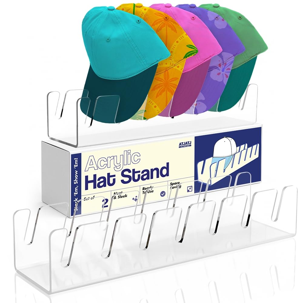 Hat Stand For Baseball Caps, 2 Pack No Install Clear Acrylic Hat Organizers for 14 Baseball Tennis Trucker Caps, Hat Storage Rack Display, Upgraded