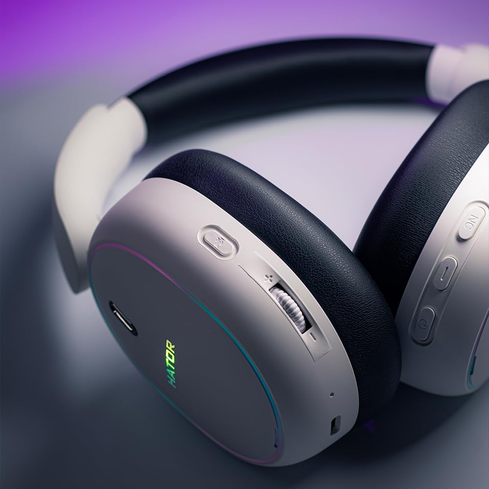 HATOR Phoenix 2 Casque de Jeu sans Fil – Pilote Hi-Res 40 mm, ANC Hybride, Audio Spatial, Suivi de la tête, 2,4 GHz & BT5.4, Batterie jusqu'à 45 h, avec étui – pour PC, Console et Mobile, Blanc