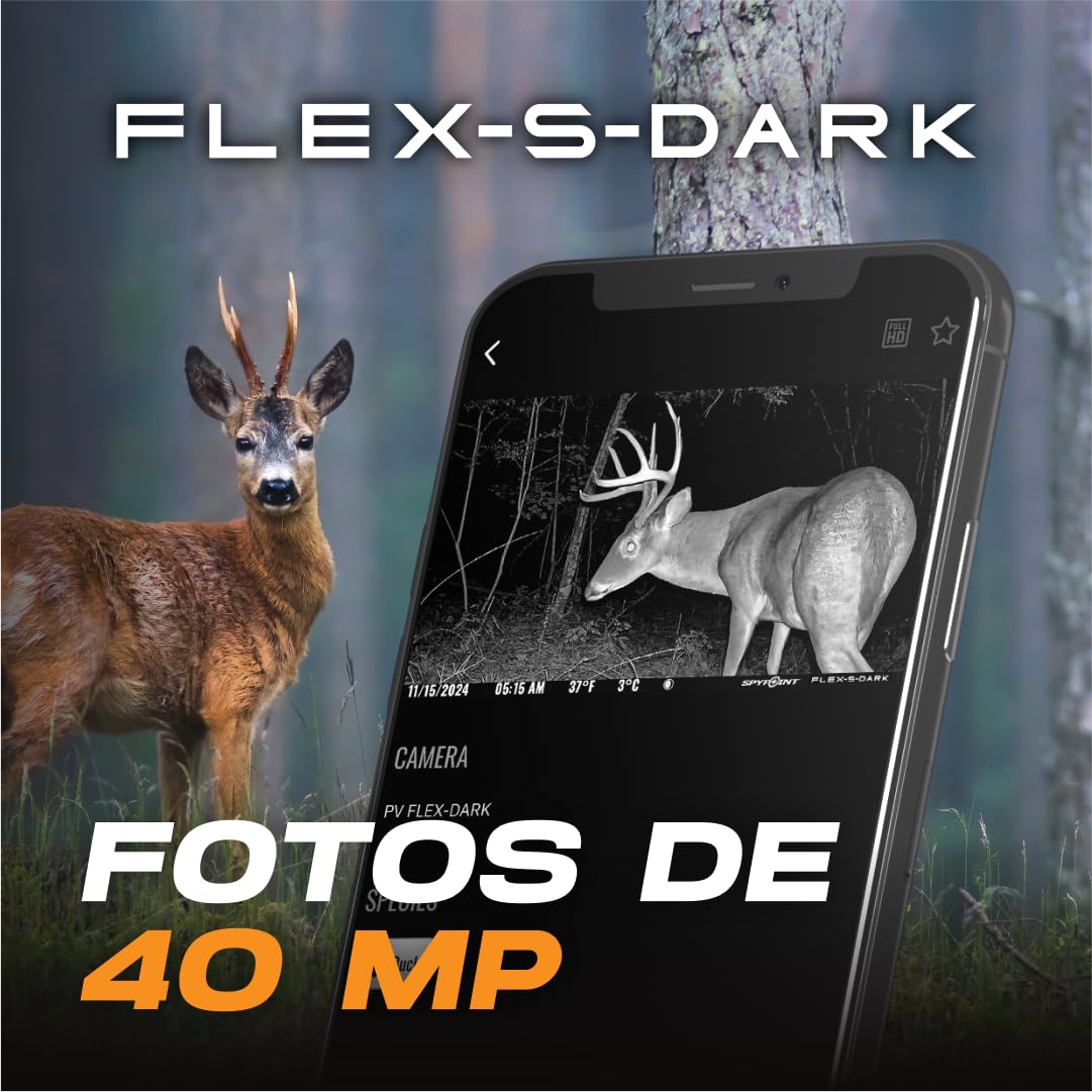 SPYPOINT Flex-S-Dark Cámara de rastreo Solar 4G, Panel Solar Integrado, Fotos 40 MP, Video 1080p con Sonido, visión Nocturna sin Brillo, detección por Movimiento