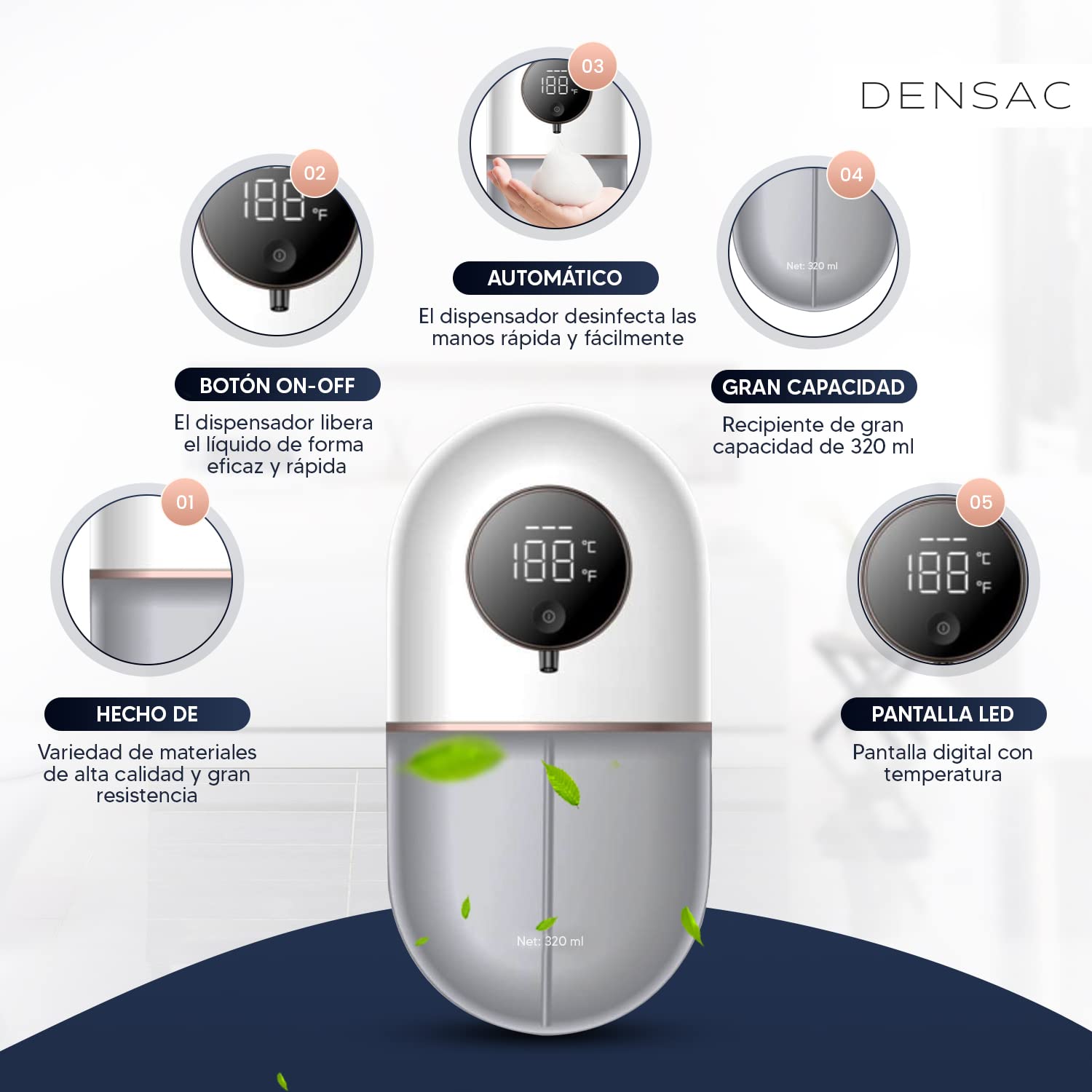 Dispenser gel bagno doccia (bianco) DENSAC Dispenser di sapone automatico senza contatto, dispenser disinfettante per le mani 320 ml adatto per cucina, bagno, albergo..