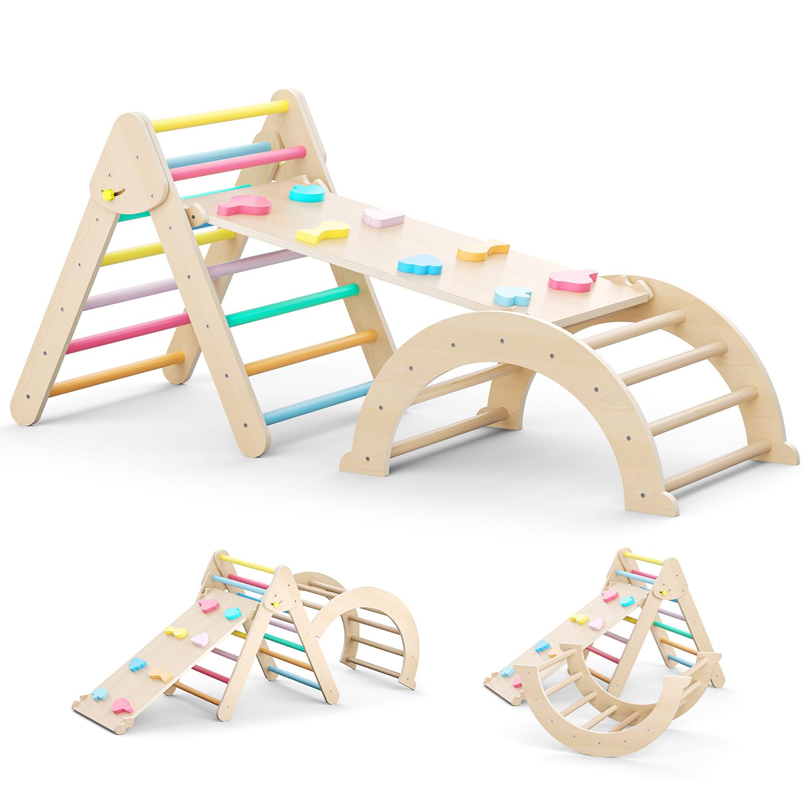 MINENICE Montessori Klimrek, set, indoor klimdriehoek met halfrond, glijbaan van kunststof, klimgymhal voor baby's (oranjeblauw 004