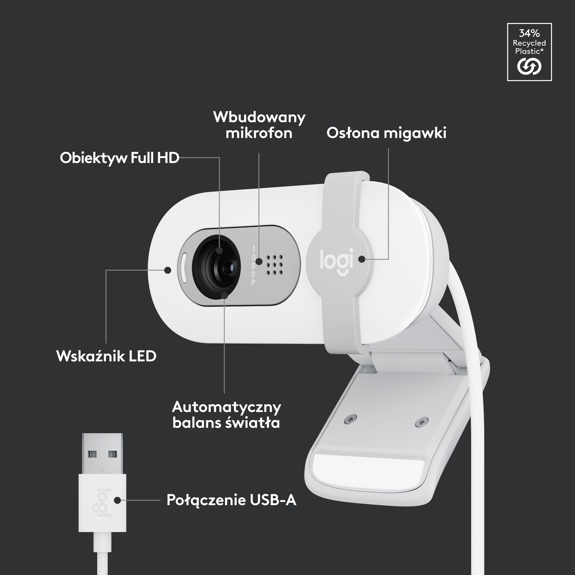 Logitech Brio 100 Full HD Kamera do spotkań i streamowania, automatyczny balans światła, wbudowany mikrofon, osłona migawki, USB-A, do Microsoft Teams, Google Meet, Zoom i innych - Biały