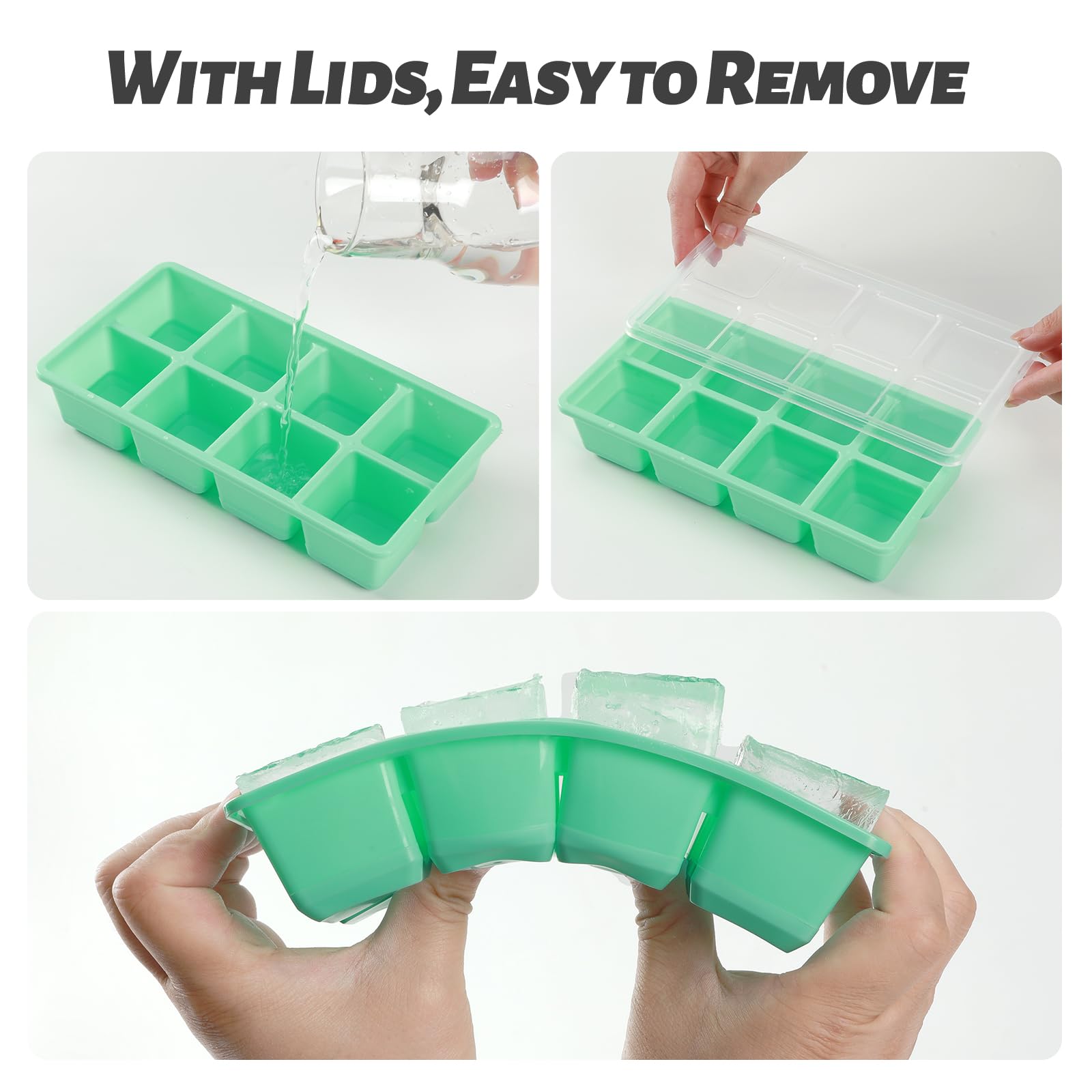 Large Ice Cube Trays, JRISBO 2 Pack Reusable Silicone Ice Cube Molds with Lid for Freezer, Easy Release 16 Big Square Ice Trays for Whisky Cocktails