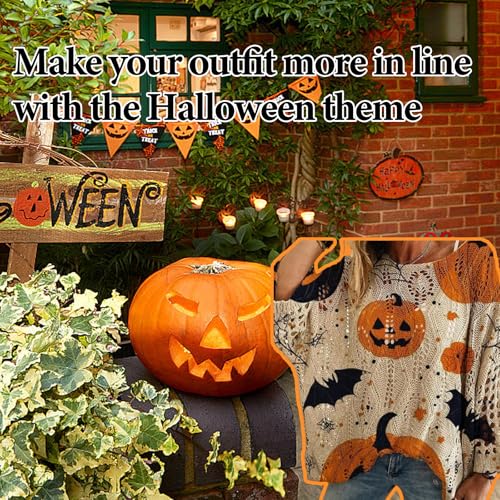 Pumpkin Crochet Sweater, Women's Halloween Pumpkin Print Long Sleeve Knit Top, Halloween Sweaters for Women 20252