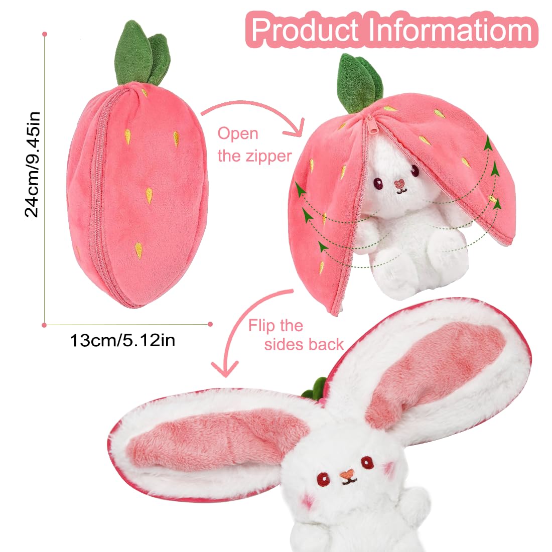 Zaloife Peluche Coniglio Fragole Bambola, 24cm Coniglietto di Pasqua Peluche Giocattolo, Animali Pupazzo Decorazioni Regalo per Bambini Adulti e Fans(Rosa)
