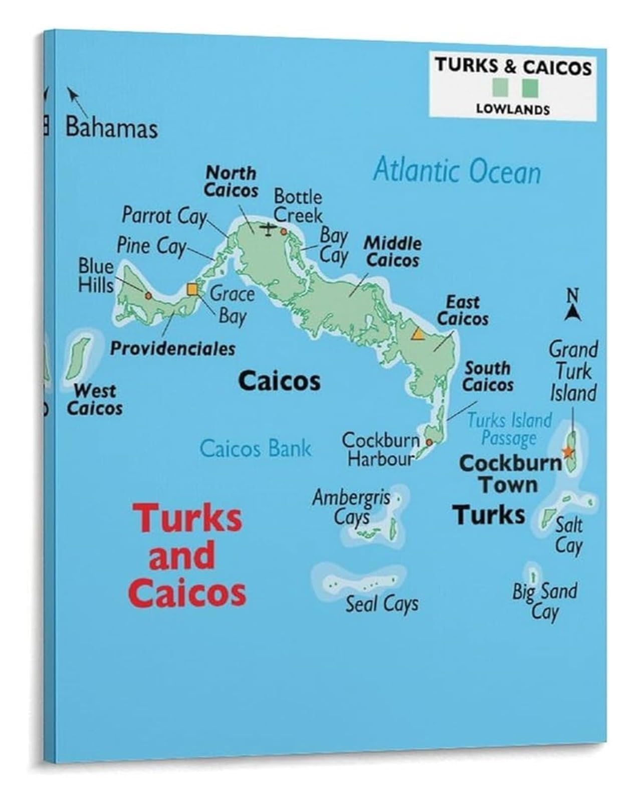 KCDFDVJFBM Caribbean Islands Map Turks And Caicos Wall-Art Poster Decor(Framed,12x18inch(30x45cm))
