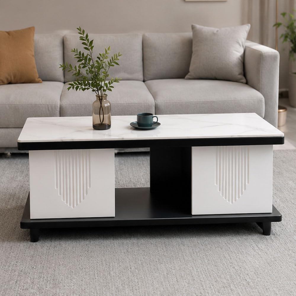 imperia coffee table | marble-look top, open shelf, black & white finish, rectangular design, contemporary style