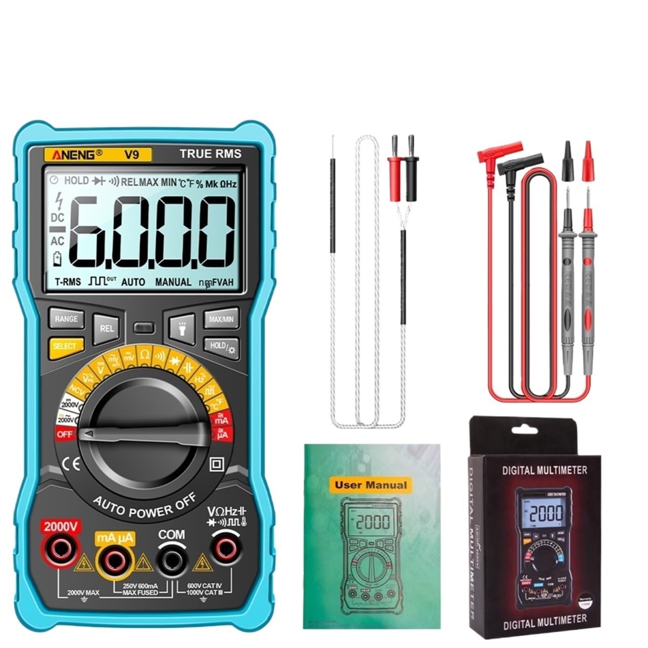 V9 LCD Digital Multimeter 4000 Counts 2000V Voltage Test Multitester Current Tester Luminous Display with Buzzer Function(Blue)