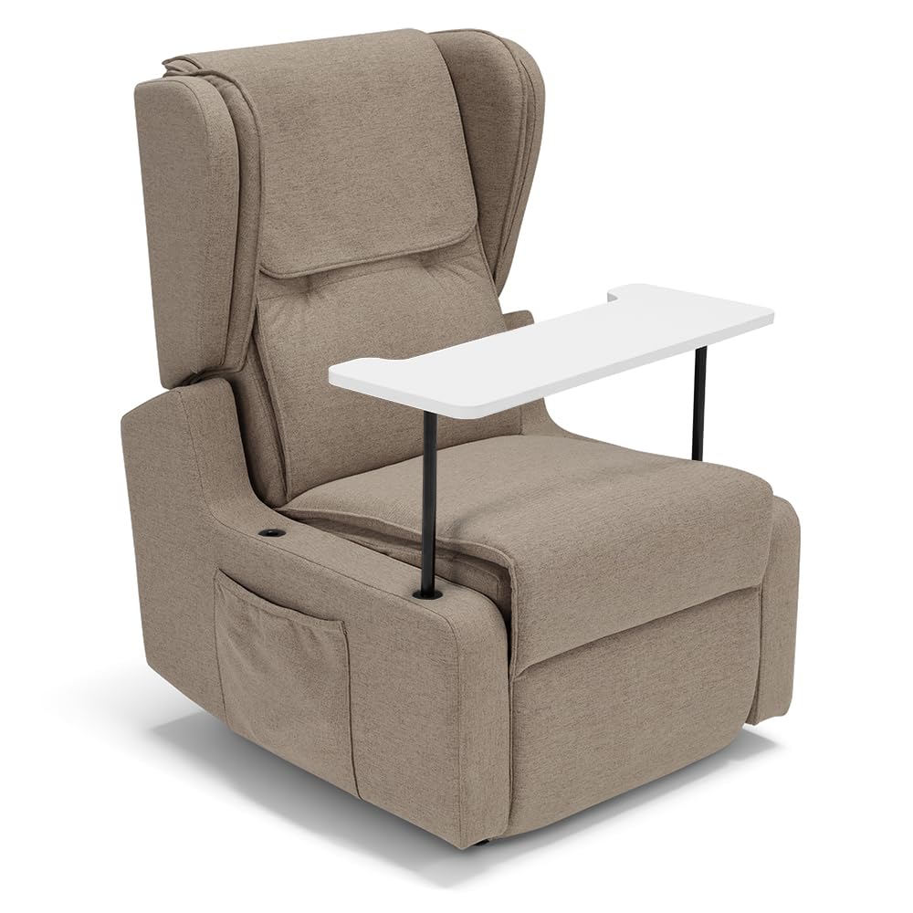 Poltrona relax elettrica Berlino per anziani, 2 motori, 4 ruote, tessuto antimacchia, alzapersona, kit optional batteria, braccioli estrabili e tavolino opzionale (4 Ruote + Tavolino, Tortora)