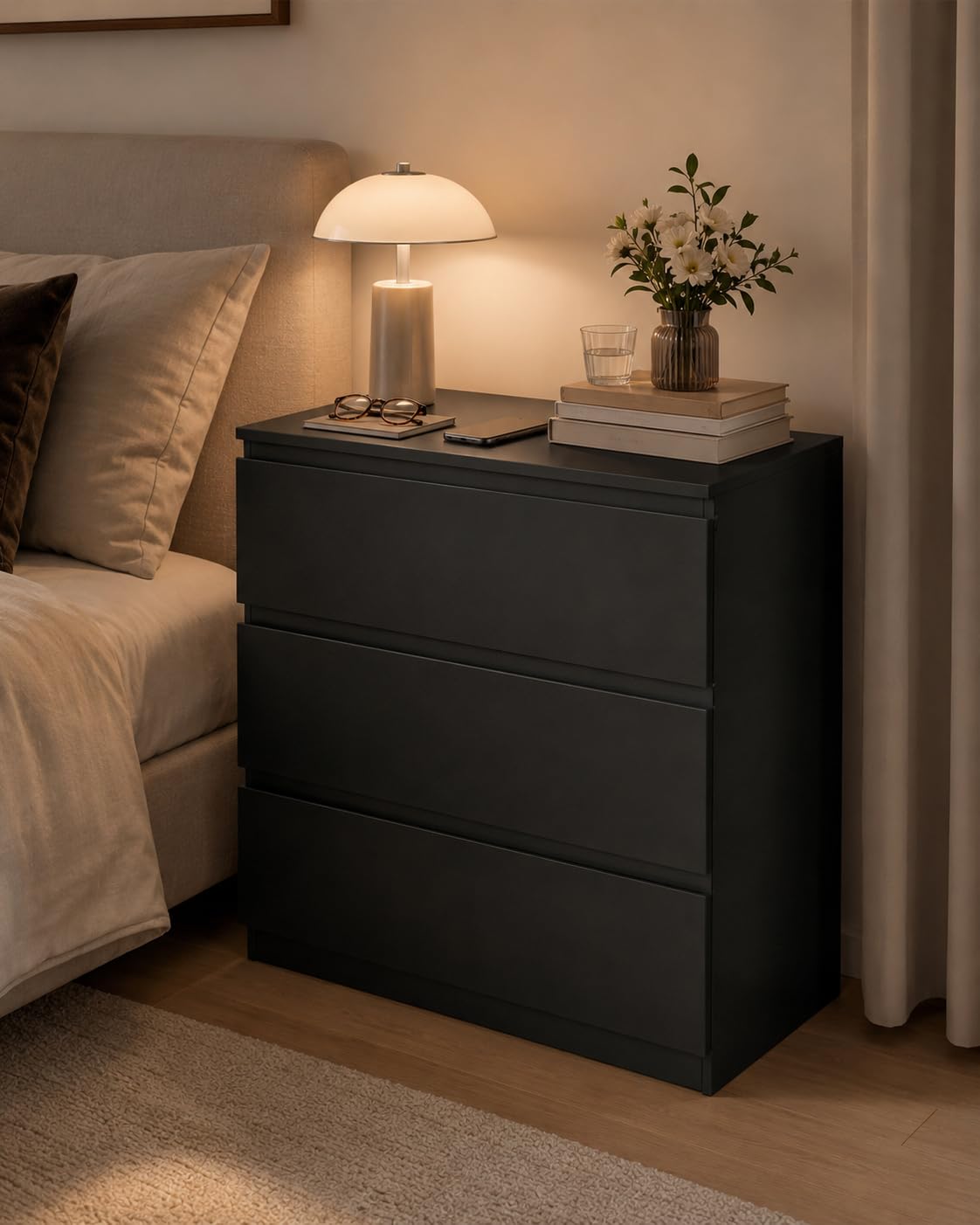 hitsuki Comodino nero con 3 cassetti, larghezza 70 cm | Comodino da notte, 70 x 40 x 75 cm, per camera da letto, soggiorno, corridoio, studio