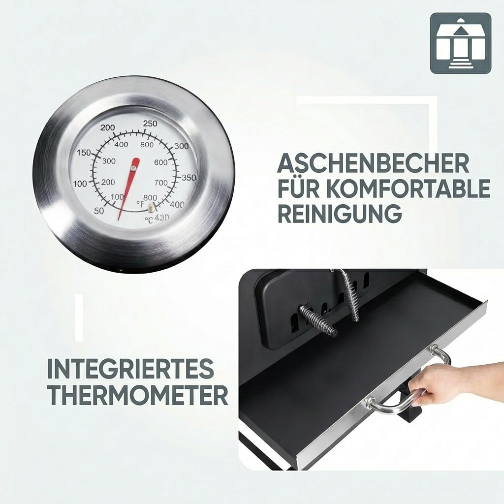 Tarrington House Holzkohlegrill Memphis XL, Ablagetische, Deckel mit Thermometer, fahrbar, Stahl, schwarz