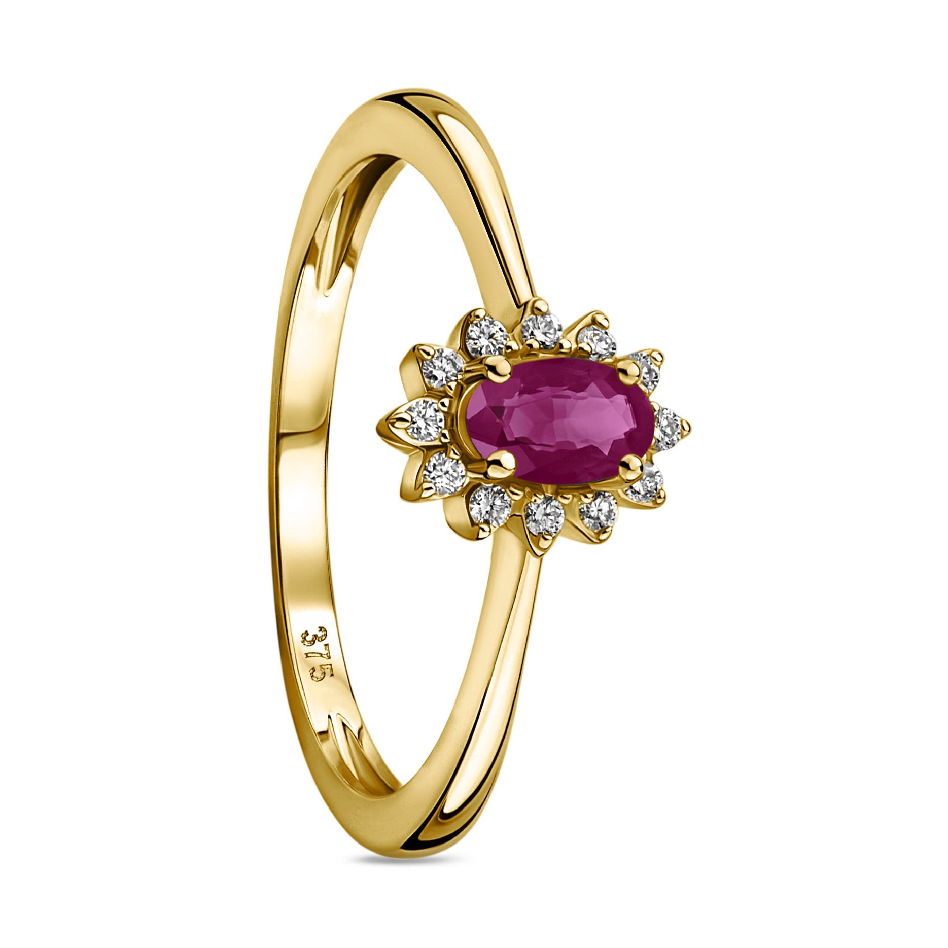 MIORE Joyas Mujer Anillo de compromiso con flor de diamante de 0,07 quilates con piedra natal de rubí rojo ovalado natural rodeado de 12 diamantes brillantes anillo clásico de oro amarillo de 9