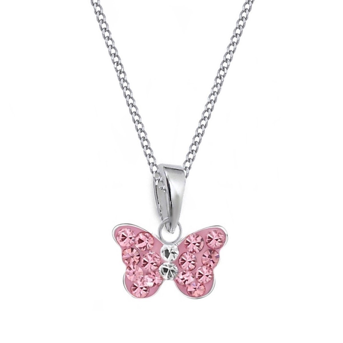 Mini pendentif papillon en cristal rose + chaîne en argent sterling 925.