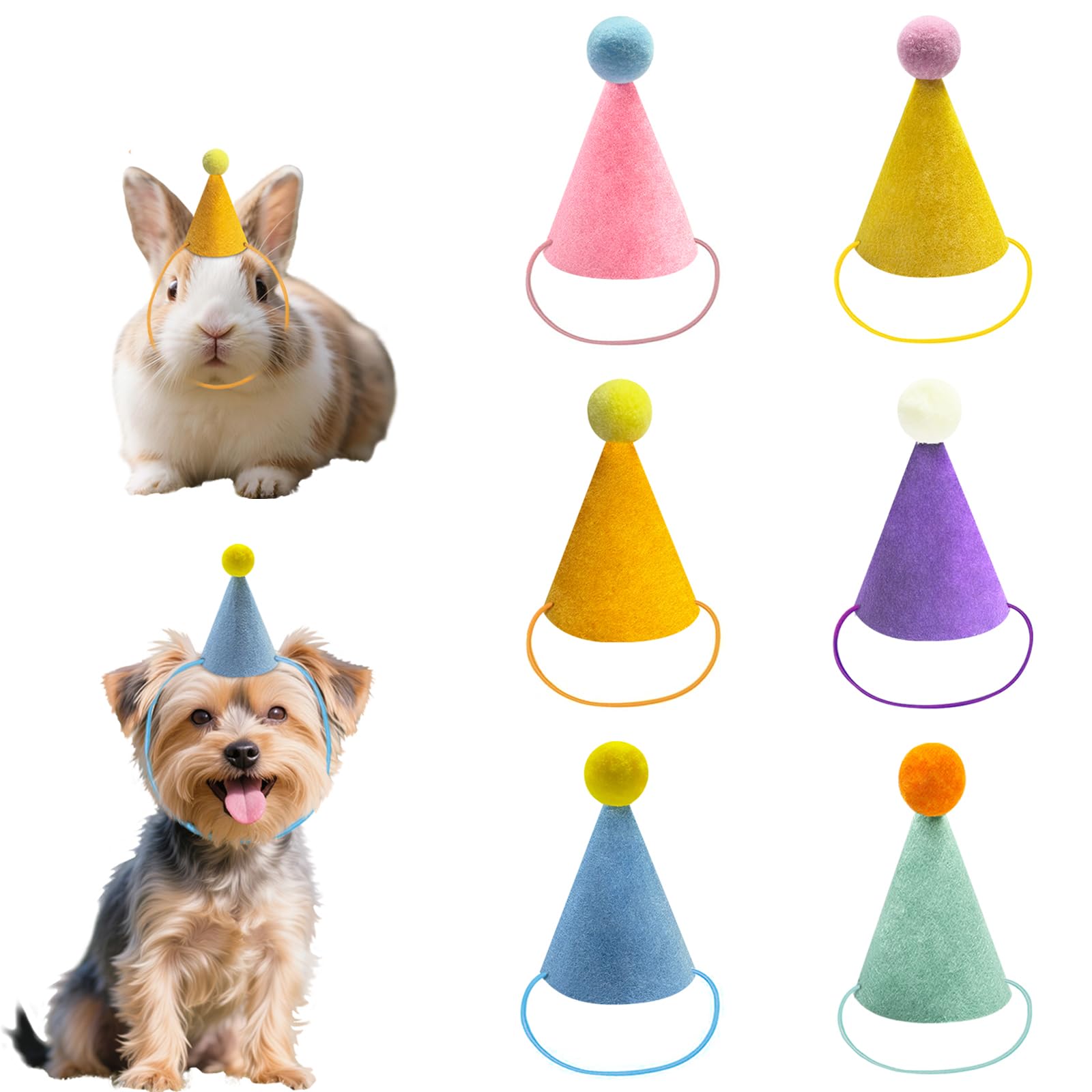 6 Pcs Colorful Mini Party Hats for Stuffed Animals, Birthday Party Felt Cone Hat for Cat Dolls Dog Rabbit Puppies Birthday Party Decorations