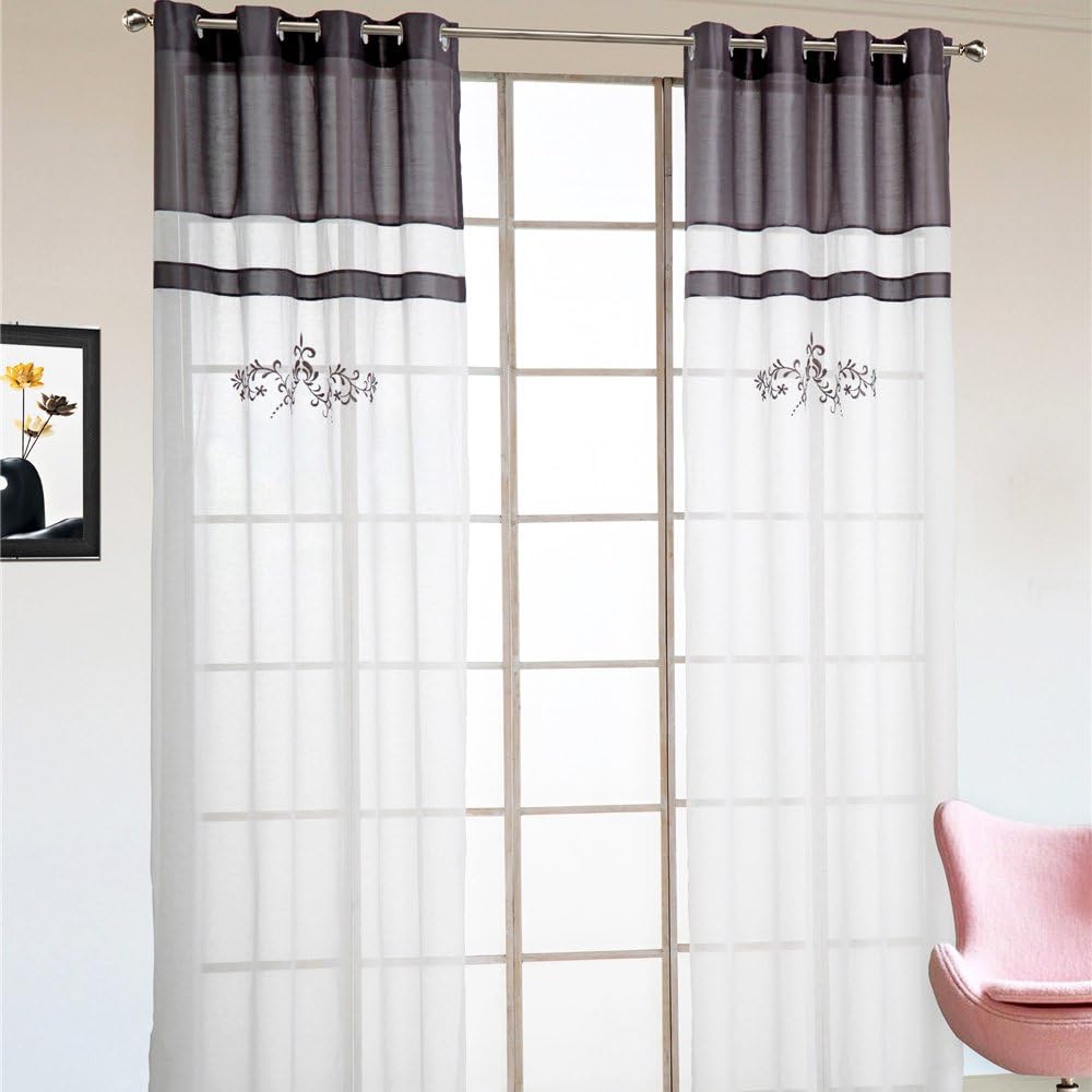fanximan 1 Panel Floral Embroidery Sheer Window Curtains Cross Linen Fabric Curtains Drapes For Living Room Bedroom Modern Home Decor (Grey, WxH=55×88.6")