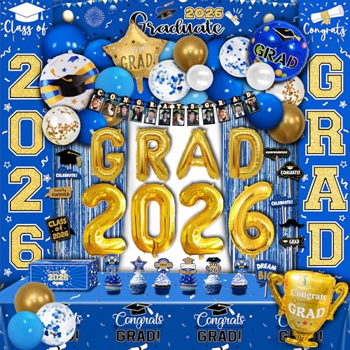 Image of 125 PCS Blue and Gold Graduation Party Decorations, 2026 Graduation Decorations, Class of 2026 Full Decor Set, Comgrats Grad Photo Banners, Tablecloth, Balloons, Cake Toppers