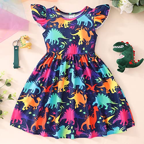 Toddler Girls Child Fly Sleeve Cartoon Dinosaur Prints Summer Beach Party Dresses Princess Dress Youth Dress3