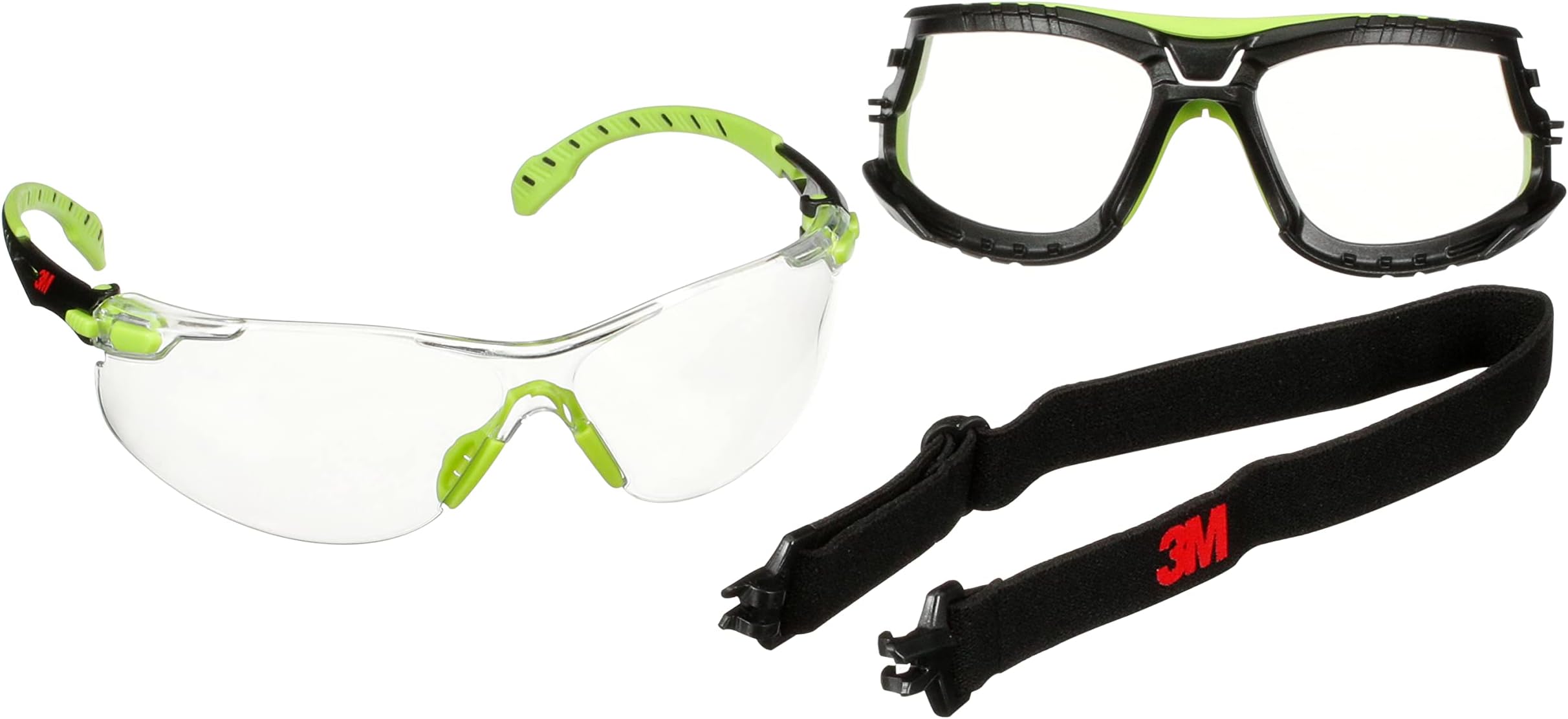 Safety Glasses, Solus 1000, S1201SGAF-TKT, ANSI Z87, Scotchgard Anti-Fog Clear Lens, Green/Black Frame, with Gasket and Strap, UV Protection, Soft Nosebridge, Padded Temple, Pack of 1