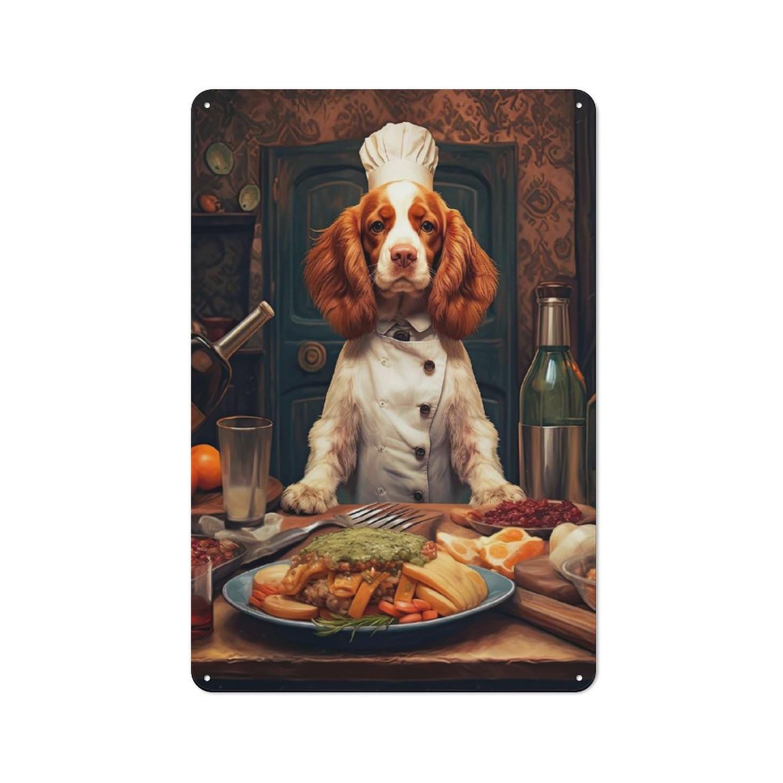 Junmoney Brittany Spaniel Chef Metal Wall Sign 30X20cm Featuring For Garage Or Workshop, For Vintage Wall Decor Fans, For Metal Sign Collectors