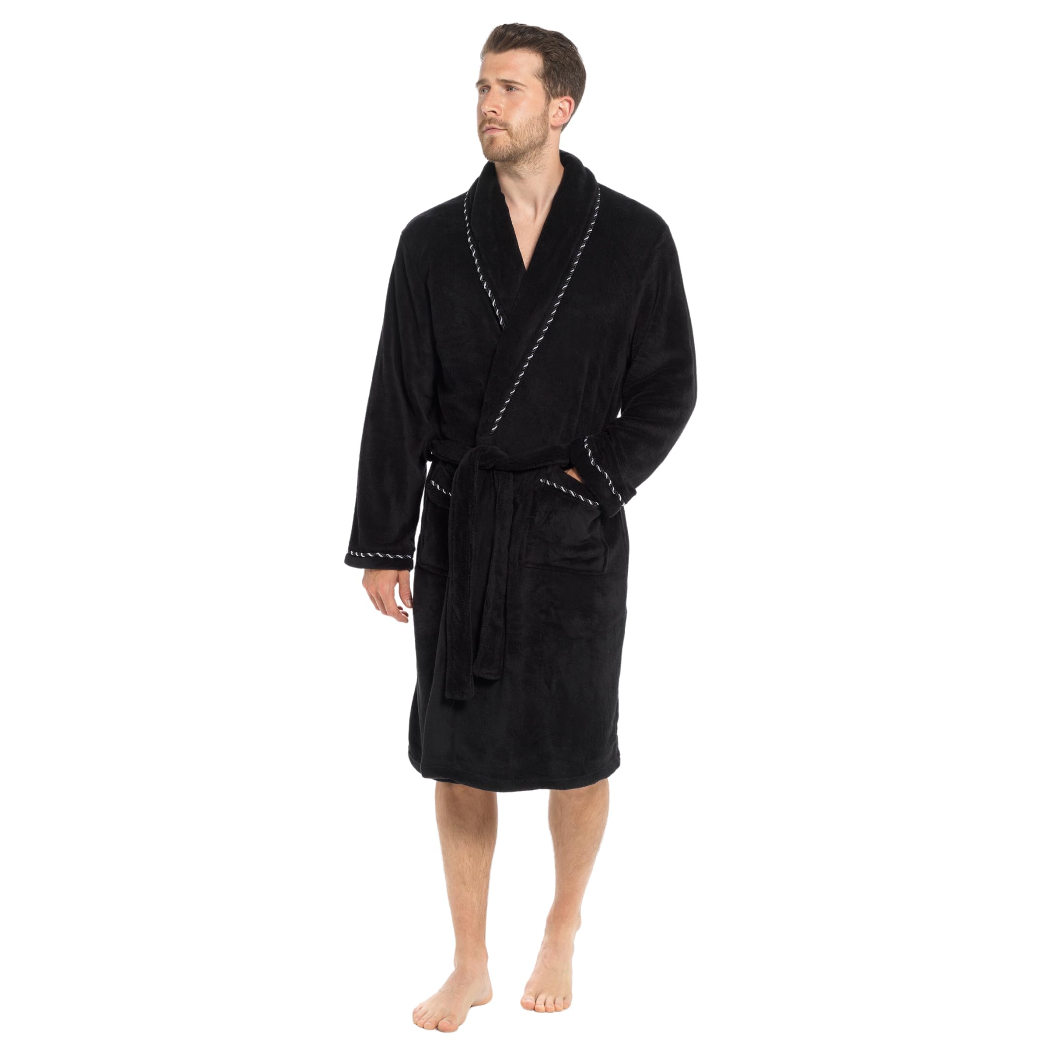 Strong SoulsMens Luxury Fleece Dressing Gown Rope Trim Black X-Large