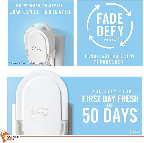 Miniatura 7 de Febreze Fade Defy PLUG - Recambio de ambientador, 0.87 onzas líquidas. Recambios de aceite 3 repuestos + incluye adhesivo Venancio'sfridge (lavanda