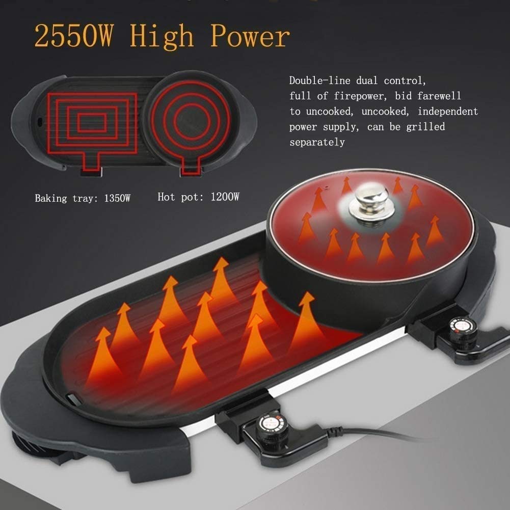 Barbecue Grill -The Electric Thai Barbecue and Hot Pot, Electric Grill 2 in 1, Integrated Saucepan,2200W High Power,Double-line Dual Control Soul Hill
