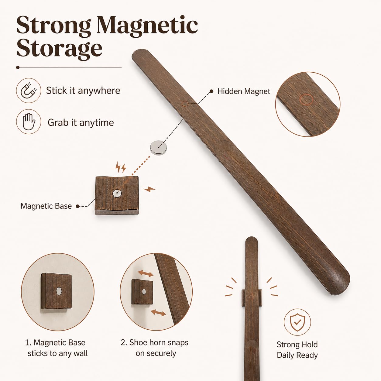 UPKOCH Magnetischer Schuhlöffel Lang aus Hochwertigem Buchenholz Ergonomisch Rutschfest für Senioren Schwangere mit Wandhalterung Praktisch Langlebig Energiesparend und Dekorativ