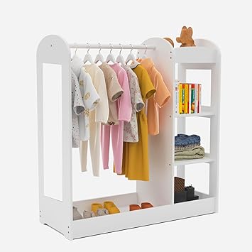 Glaf Kids Dress up Storage with Full Length Mirror, Kid Wardrobe Closet with 3-Tier Shelve, Clothes Rack and Bottom Tray, Opening Hanging Kids Armoire Baby Closet for Nursery & Kids Room (White)